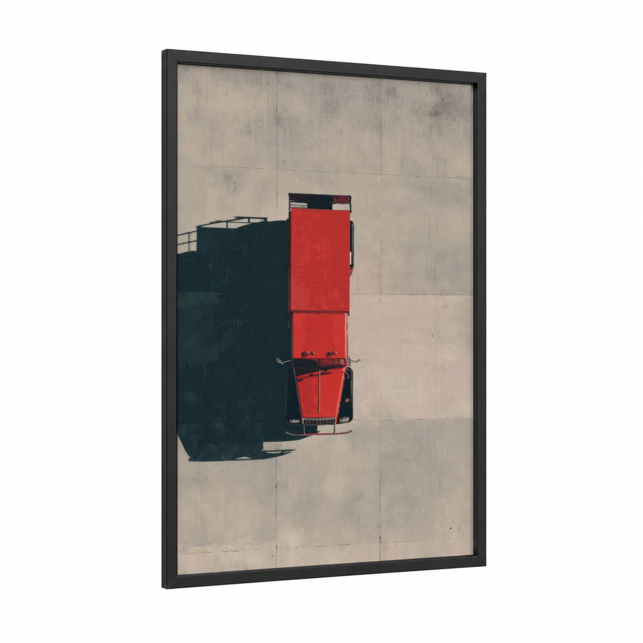 Red Fire Engine framed art print — black wood frame — red and black and white palette