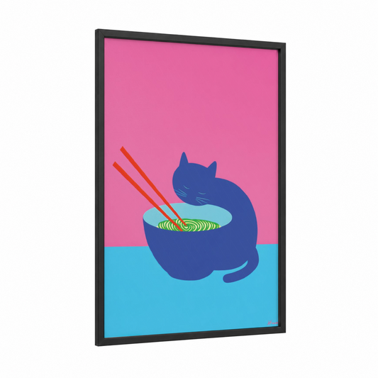 Noodle Cat framed art print — black wood frame — pink and blue palette