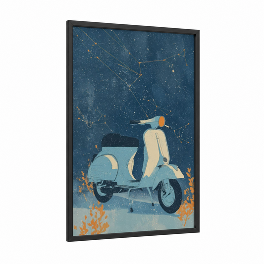 Starry Scooter framed art print — black wood frame — blue and gold palette