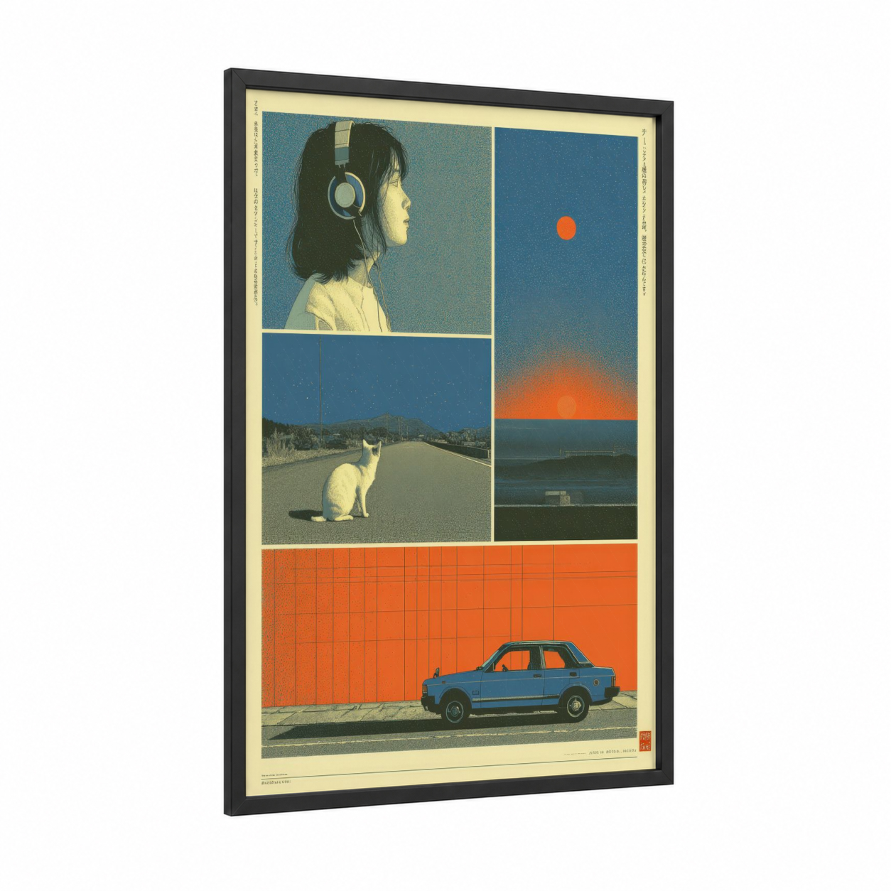 Retro Grid Collage framed japanese y2k print — black wood frame — blue and orange palette