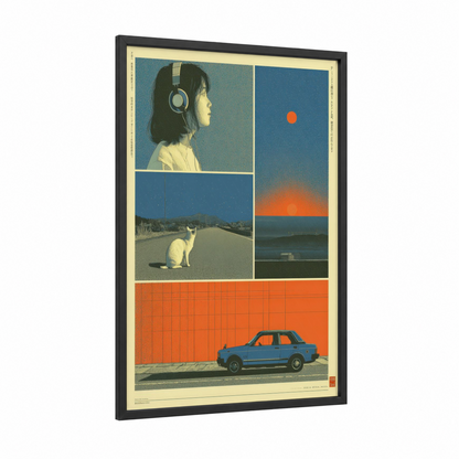 Retro Grid Collage framed japanese y2k print — black wood frame — blue and orange palette