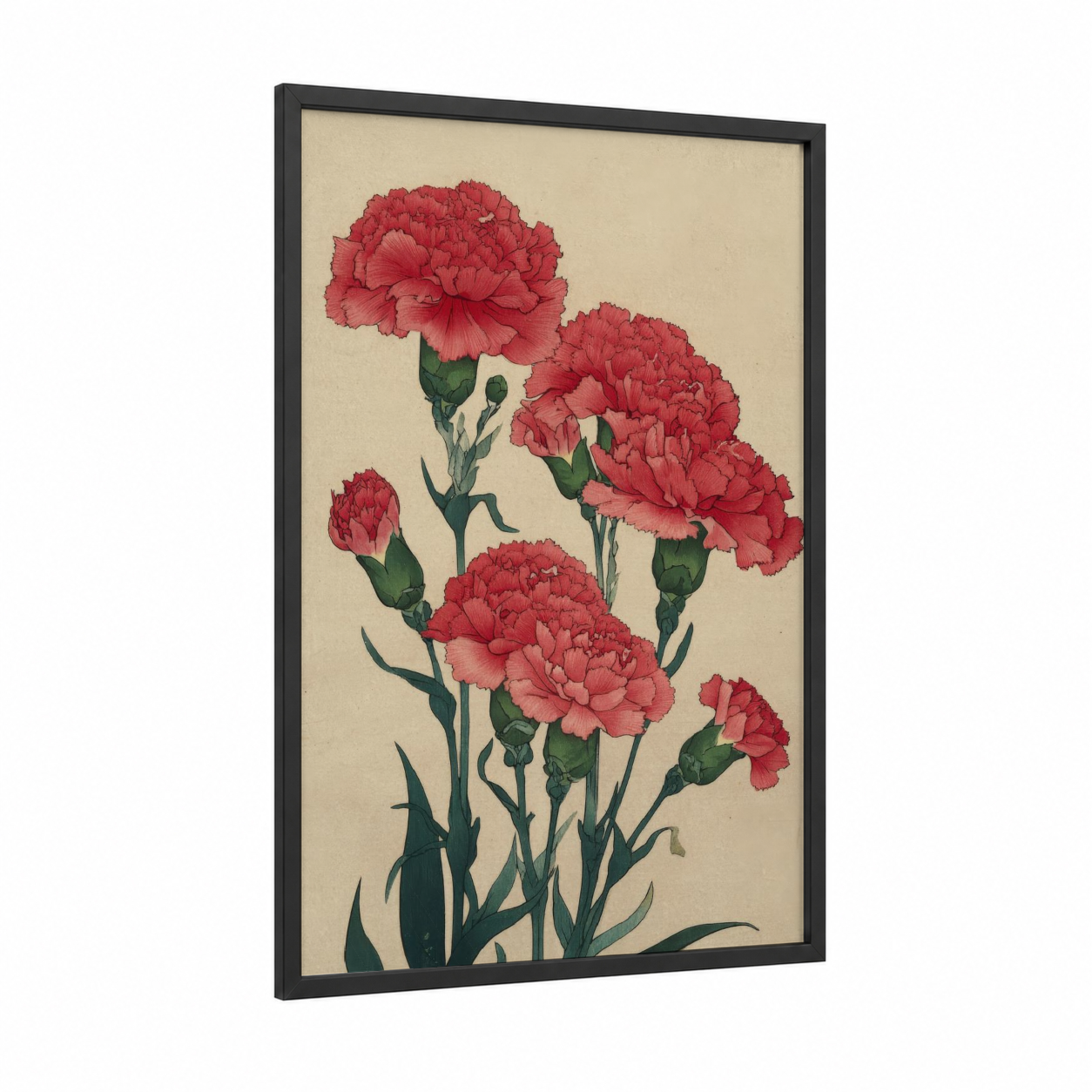 Crimson Carnation Cluster framed carnations print — black wood frame — red and cream palette
