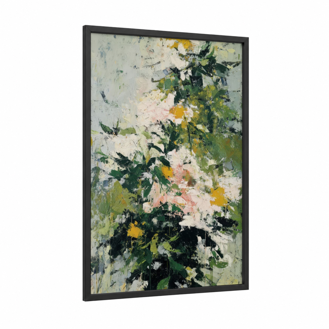 Abstract Orchard framed fruit trees print — black wood frame — white and green palette