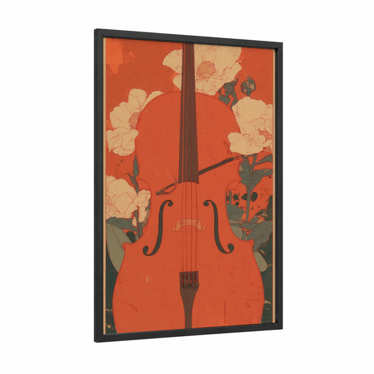 Crimson Cello Blooms framed art print — black wood frame — red and cream palette