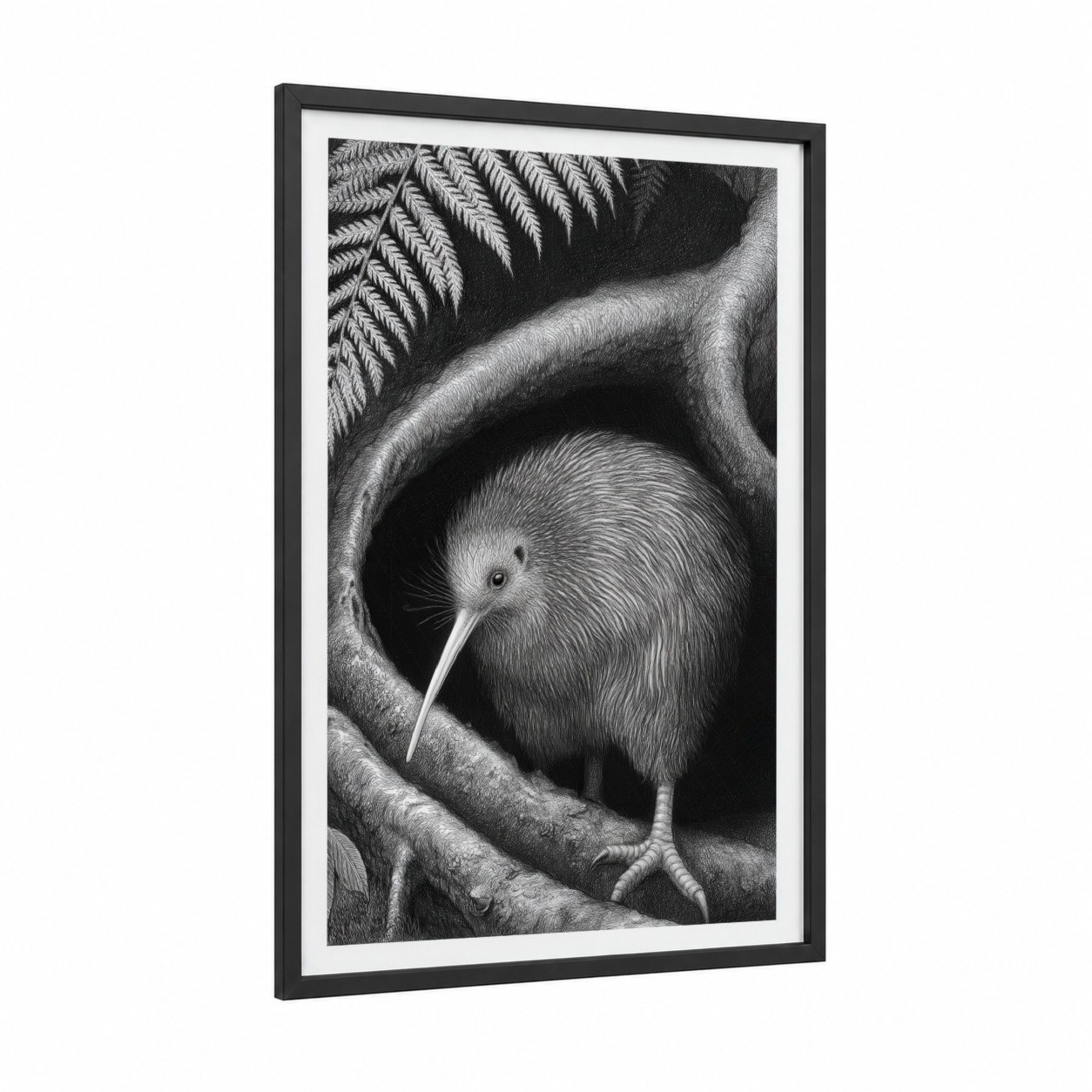 Sheltered Kiwi framed art print — black wood frame — black and white palette