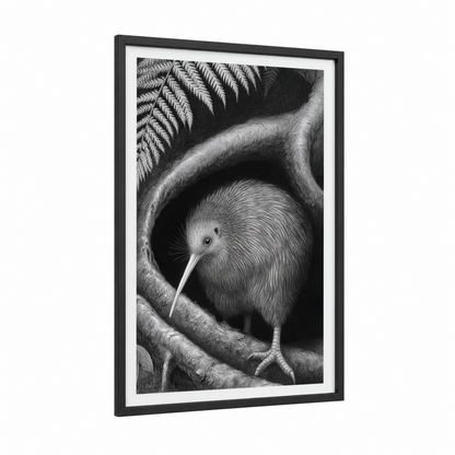 Sheltered Kiwi framed art print — black wood frame — black and white palette