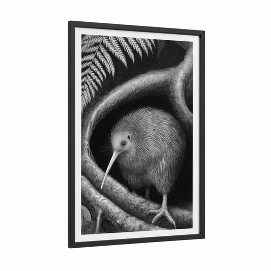 Sheltered Kiwi framed art print — black wood frame — black and white palette