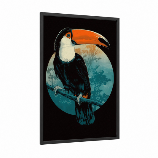 Tropical Toucan framed art print — black wood frame — orange and teal palette