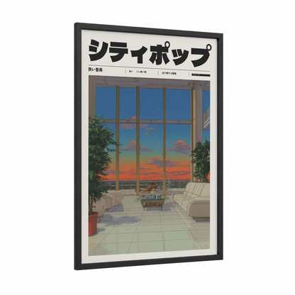Sunset Living Room framed anime and manga print — black wood frame — orange and gold palette
