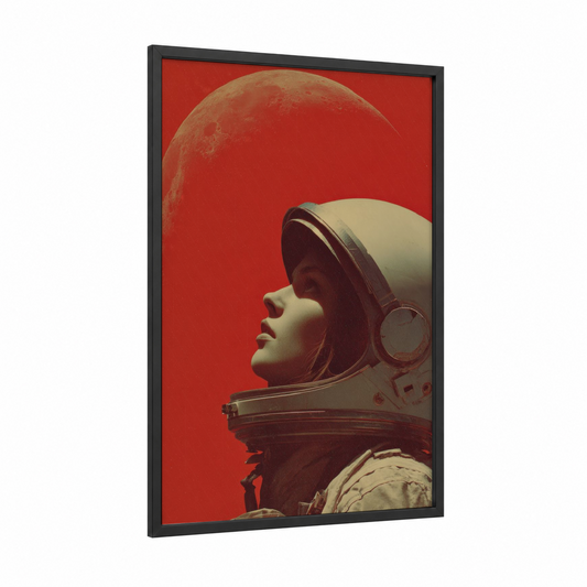 Lunar Astronaut framed japanese retrofuturism print — black wood frame — red and cream palette