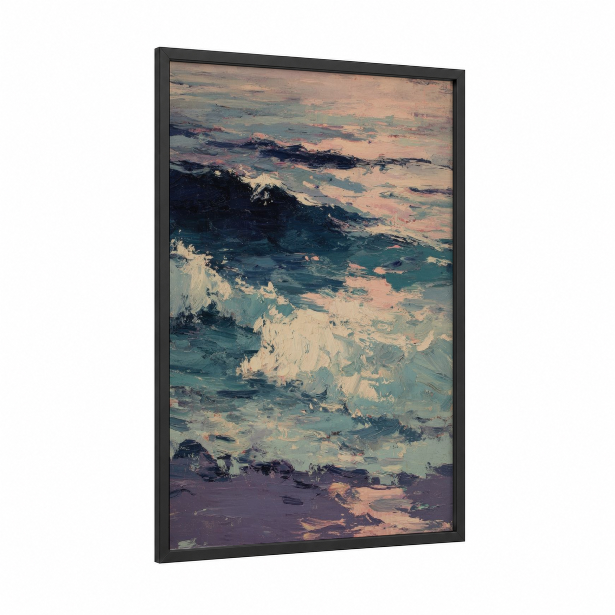 Twilight Ocean Waves framed seascapes and ocean print — black wood frame — teal and peach palette