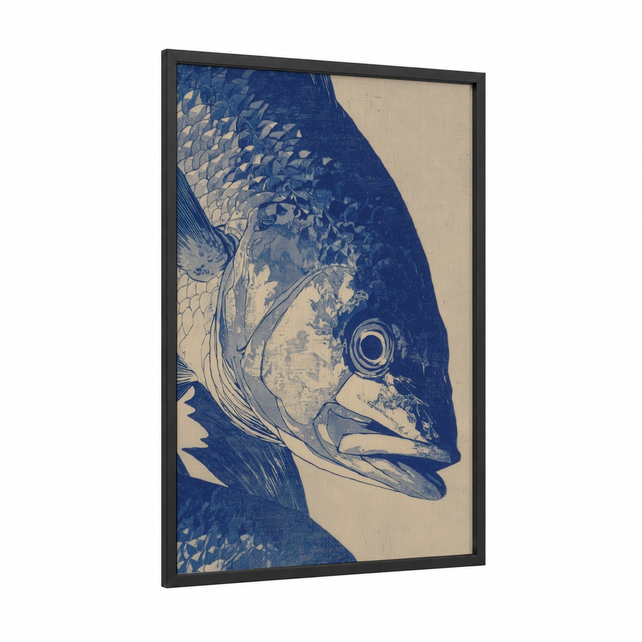 Blue Wahoo framed art print — black wood frame — blue and white and cream palette