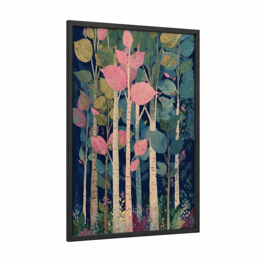 Autumn Birch Forest framed birch tree print — black wood frame — dark blue and salmon pink palette