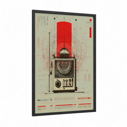 Vintage Radio Blueprint framed blueprints print — black wood frame — red and cream palette
