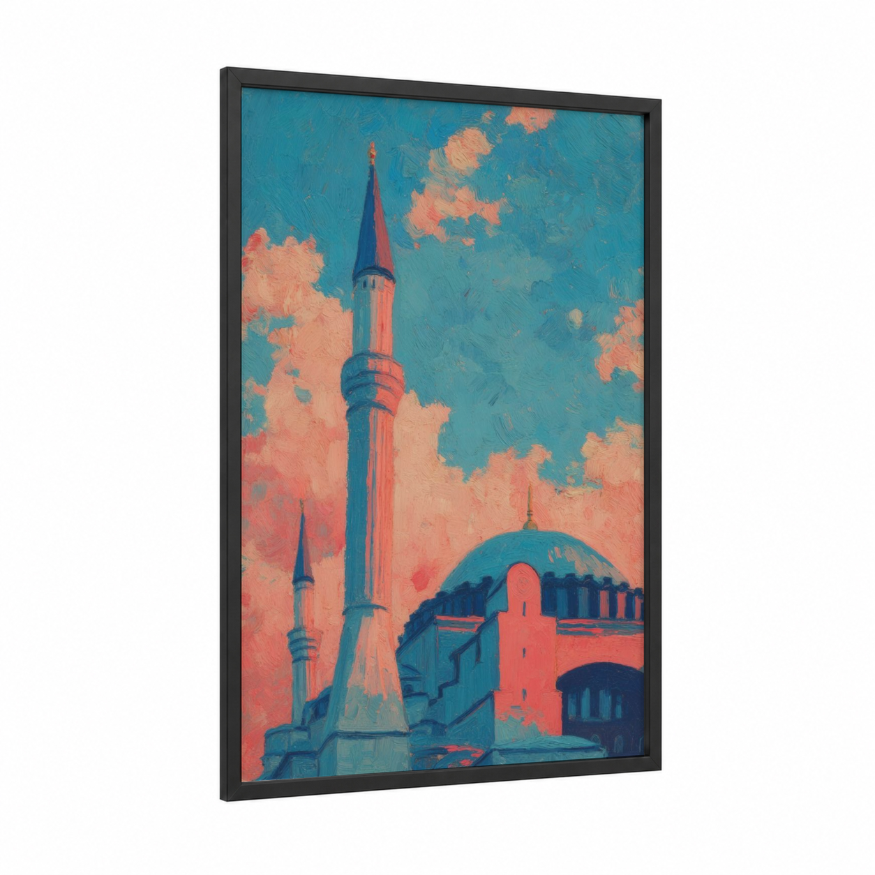 Hagia Sophia Sunset framed hagia sofia print — black wood frame — teal and salmon pink palette