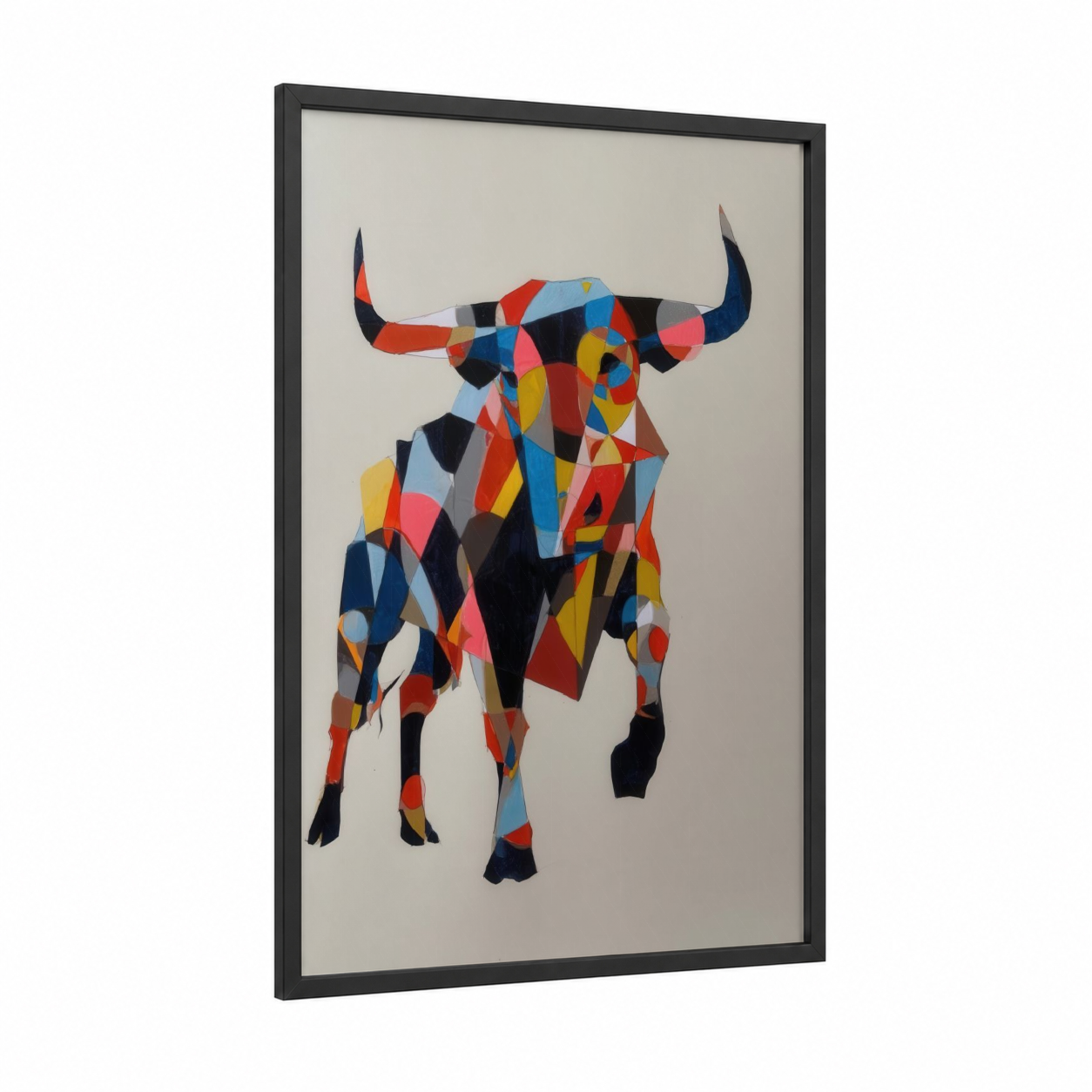 Geometric Bull framed art print — black wood frame — red and blue palette