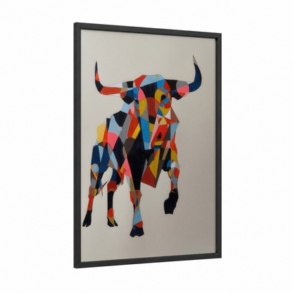 Geometric Bull framed art print — black wood frame — red and blue palette