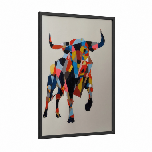 Geometric Bull framed art print — black wood frame — red and blue palette