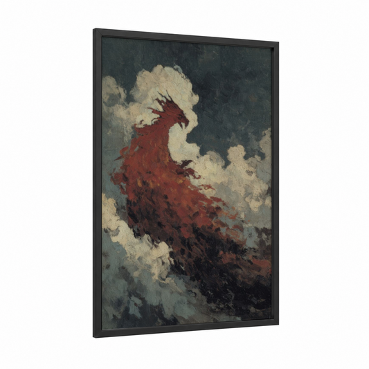 Crimson Phoenix Rising framed art print — black wood frame — maroon and cream palette