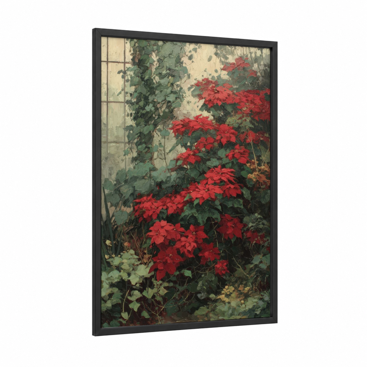 Red Poinsettia Garden framed poinsettias print — black wood frame — red and cream palette