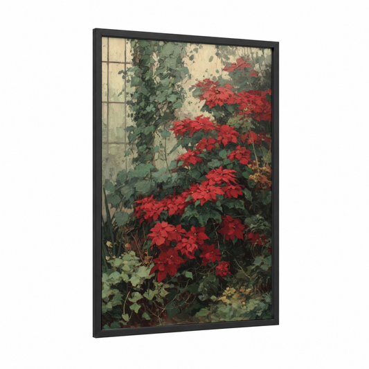 Red Poinsettia Garden framed poinsettias print — black wood frame — red and cream palette