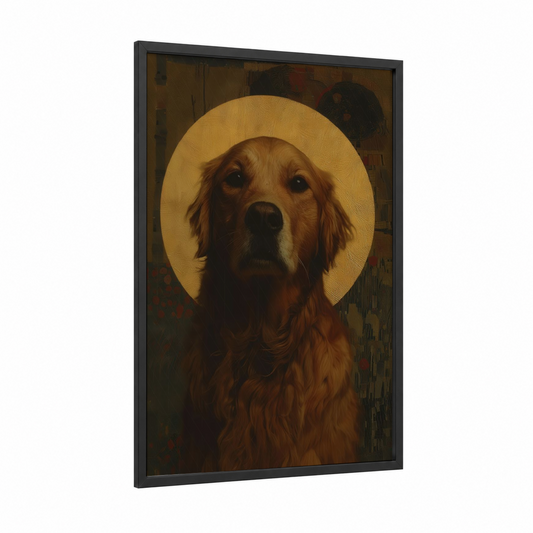 Sacred Retriever framed art print — black wood frame — gold and brown palette
