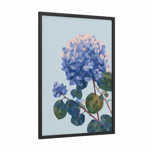 Geometric Hydrangea framed art print — black wood frame — blue and peach palette
