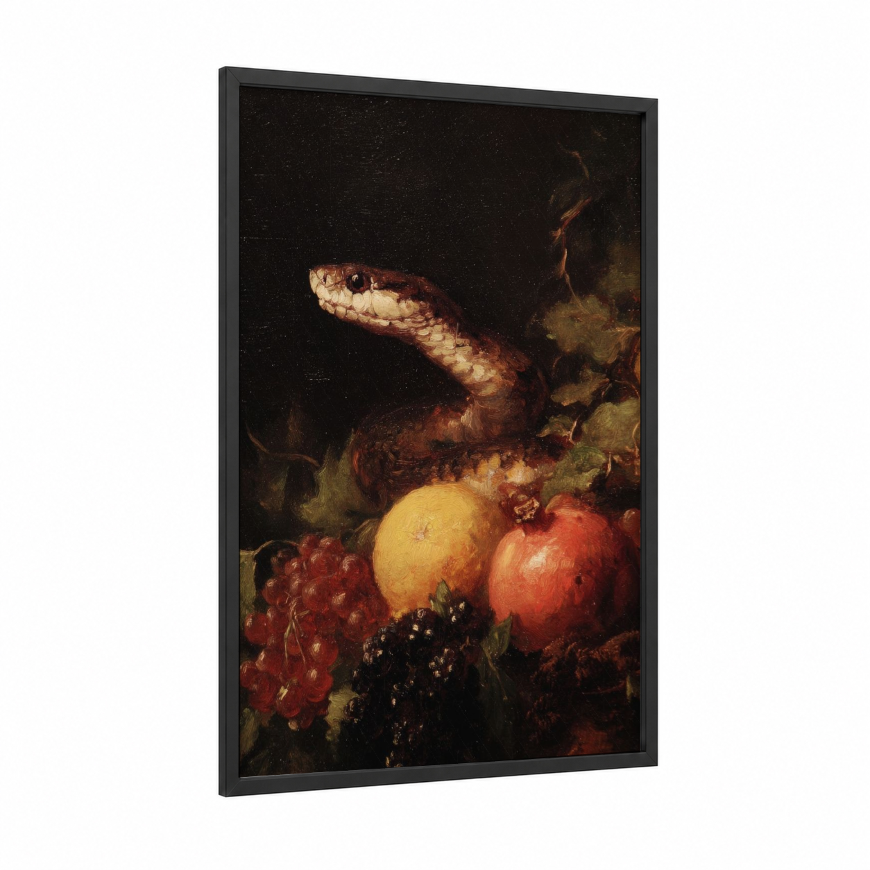 Regal Cobra framed art print — black wood frame — black and russet palette