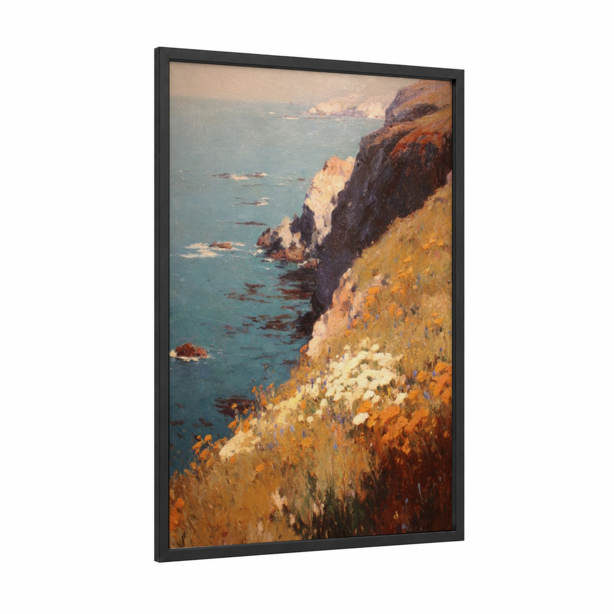 Coastal Wildflowers framed cliff print — black wood frame — gold and teal palette