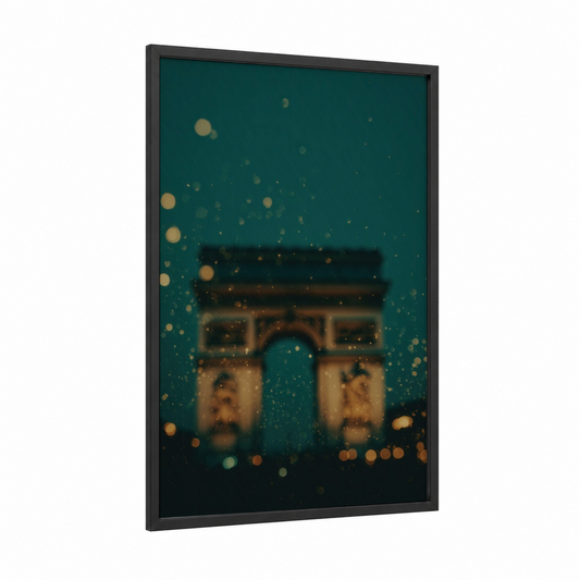 Parisian Arc Glow framed arc de triomphe print — black wood frame — teal and gold palette