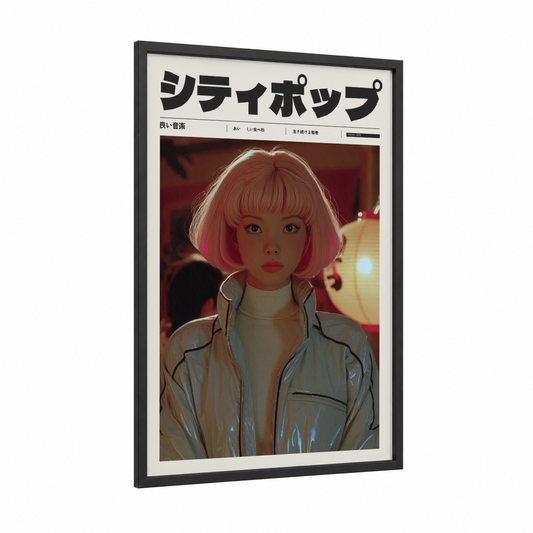 Neon Anime Girl framed anime and manga print — black wood frame — magenta and russet palette