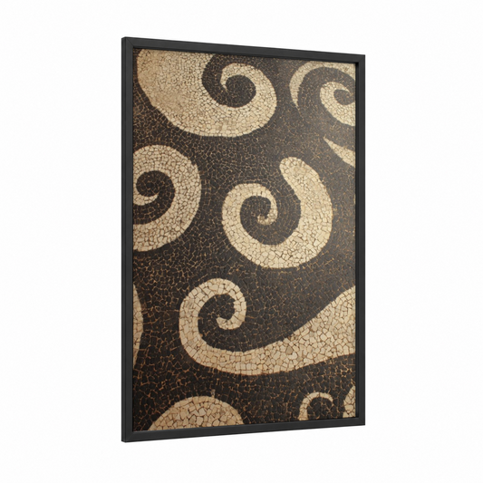 Ancient Spiral Mosaic framed masonry print — black wood frame — cream and black and white palette