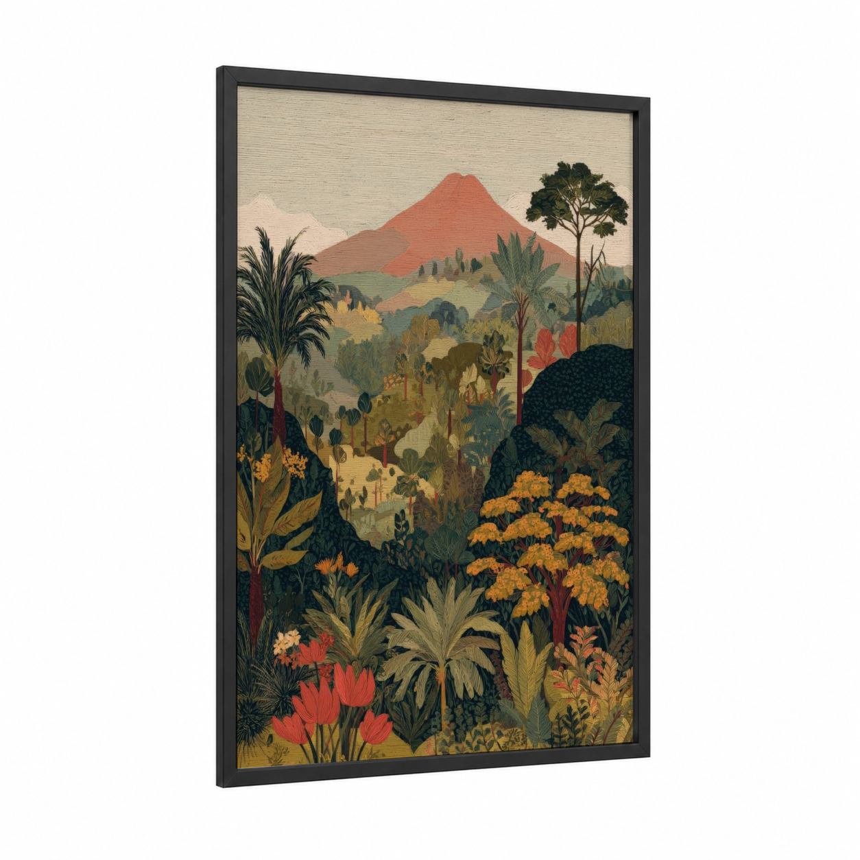 Crimson Volcano Landscape framed art print — black wood frame — russet and gold palette