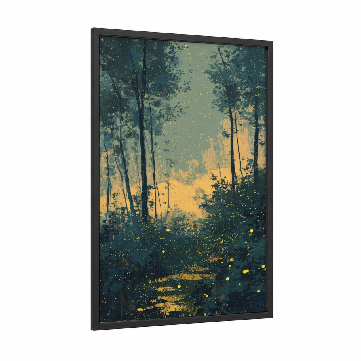 Enchanted Oak Forest framed art print — black wood frame — teal and yellow gold palette