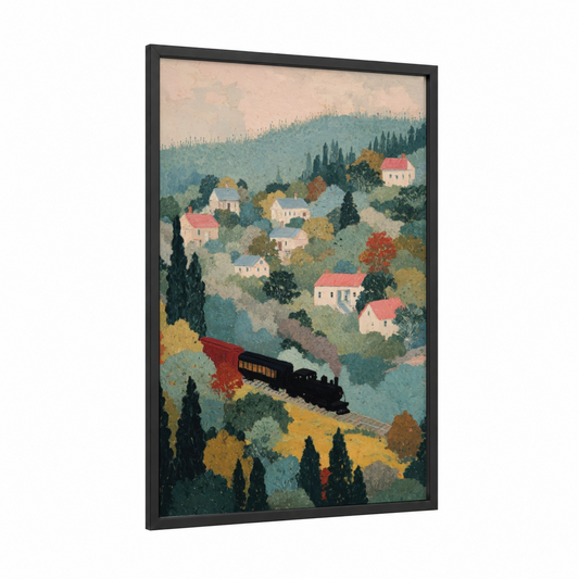 Autumn Train Village framed art print — black wood frame — teal and mustard palette