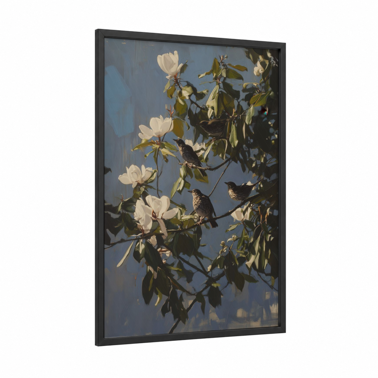 Magnolia Thrushes framed art print — black wood frame — blue and cream palette