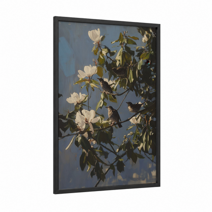 Magnolia Thrushes framed art print — black wood frame — blue and cream palette