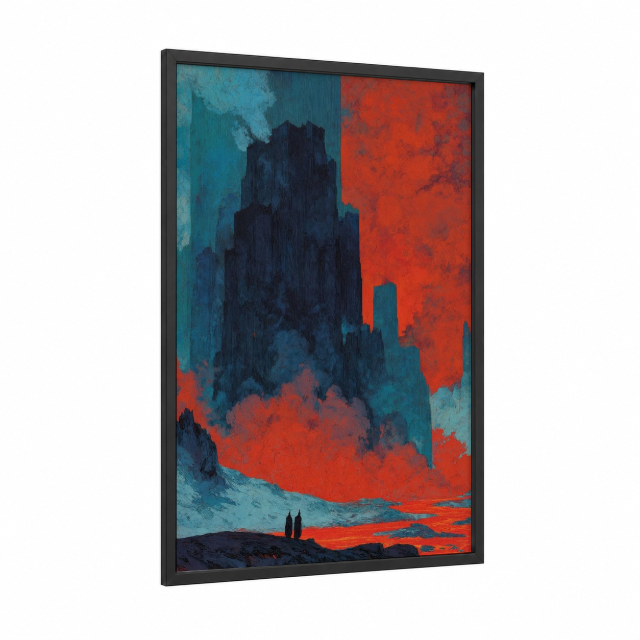 Crimson Castle Silhouette framed art print — black wood frame — teal and red palette