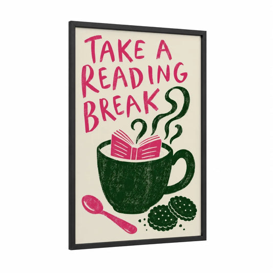 Reading Break Coffee And Book Wall Art framed art print — black wood frame — pink and true green palette