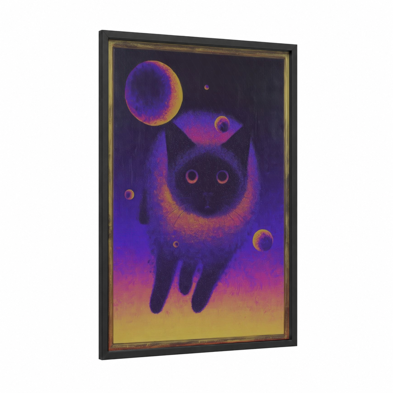 Cosmic Cat framed art print — black wood frame — purple and gold palette