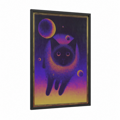 Cosmic Cat framed art print — black wood frame — purple and gold palette