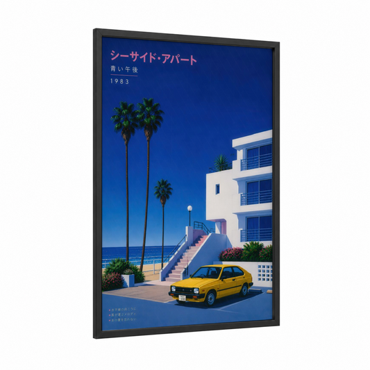 Retro Seaside Apartment Wall Art framed palm tree print — black wood frame — blue and yellow palette