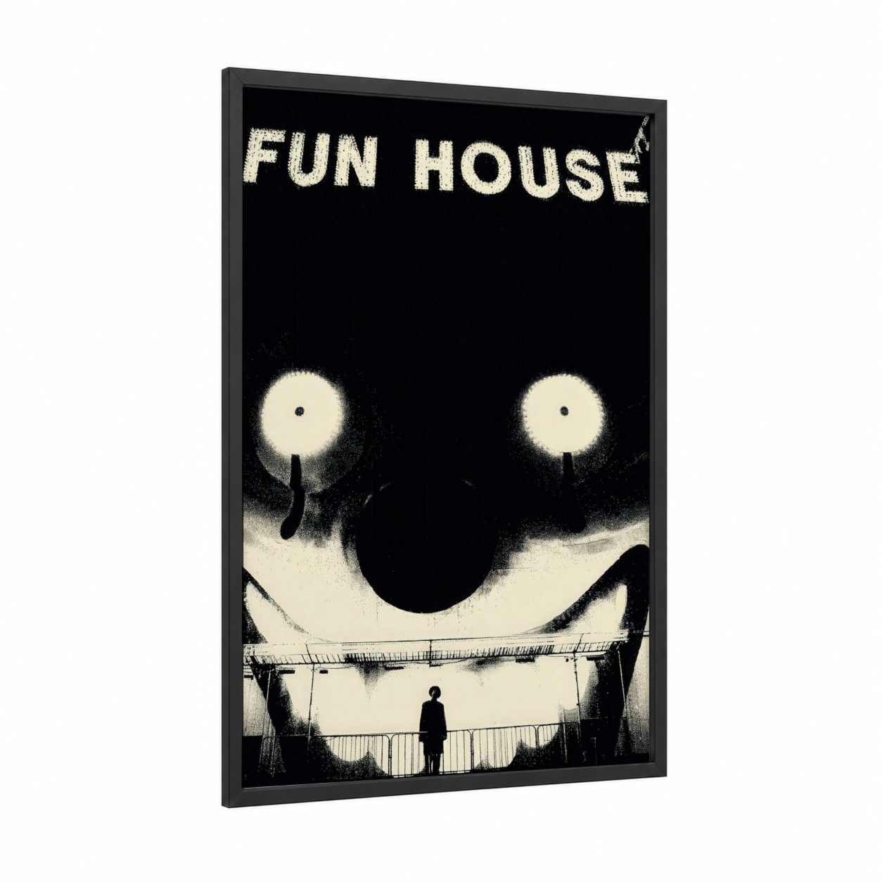 Carnival Funhouse framed art print — black wood frame — black and white and gray palette