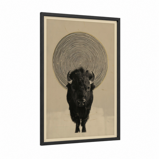 Spiritual Bison framed art print — black wood frame — black and white and cream palette