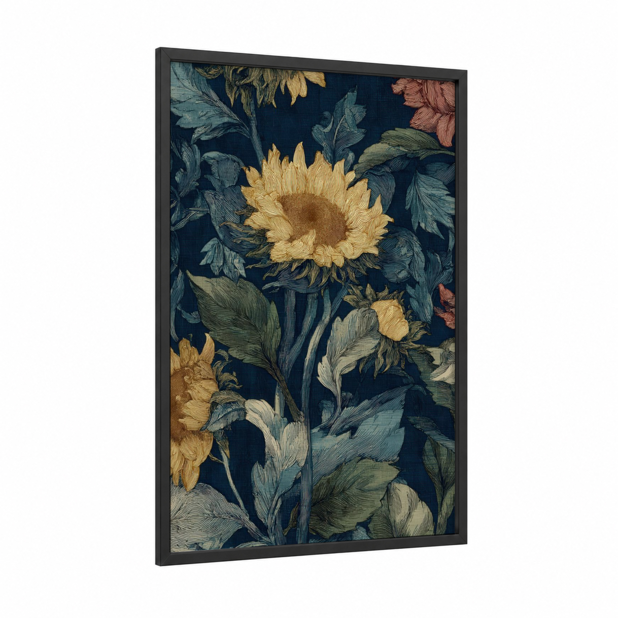 Golden Sunflower Garden framed art print — black wood frame — yellow gold and dark blue palette
