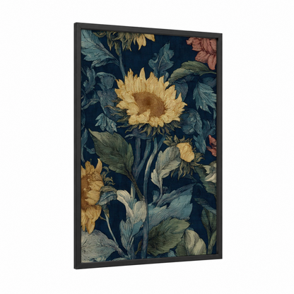 Golden Sunflower Garden framed art print — black wood frame — yellow gold and dark blue palette