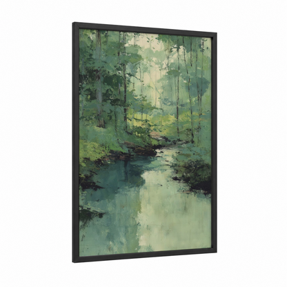 Misty Oak Stream framed oak forest print — black wood frame — sage green and cream palette