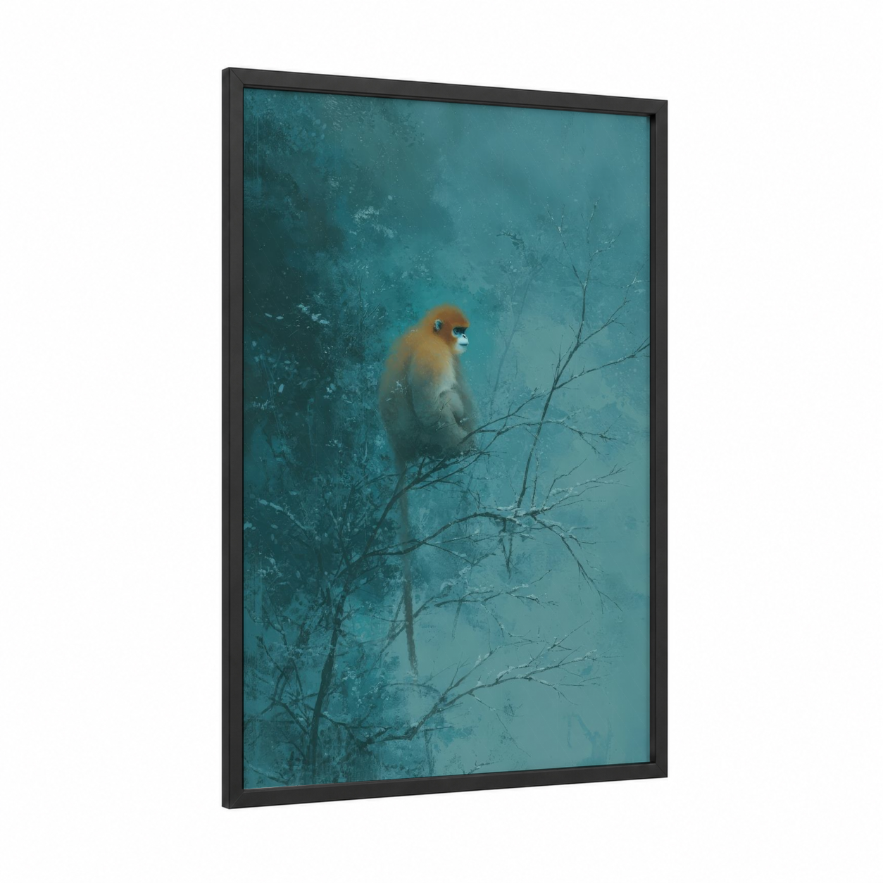Golden Monkey Perch framed art print — black wood frame — teal and gold palette