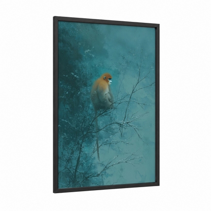 Golden Monkey Perch framed art print — black wood frame — teal and gold palette