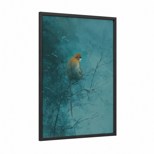 Golden Monkey Perch framed art print — black wood frame — teal and gold palette